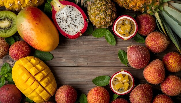 Tropical Fruit Medley: A vibrant assortment of tropical fruits, meticulously arranged on a rustic wooden surface, showcases an explosion of flavors and colors.