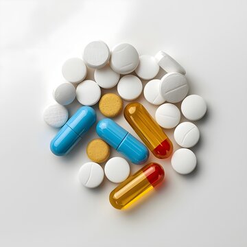 Medical Remedies Assortment: A curated assortment of essential medication, pills, capsules, tablets, symbolizing healthcare and wellness, ready to combat illness and promote well-being. 