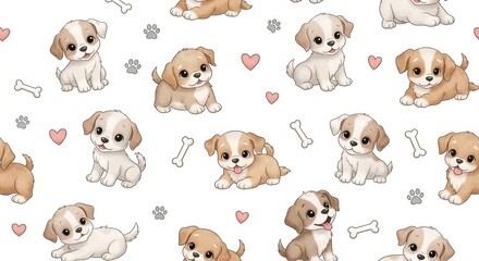 Seamless pattern of cute cartoon puppies and bones on a white background.