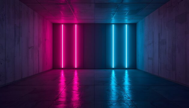 Neon Lights in a Concrete Corridor: Illuminated by a vibrant pink and blue neon lights, a stark concrete corridor creates a dramatic interplay of light and shadow, evoking a sense of modern ambiance.