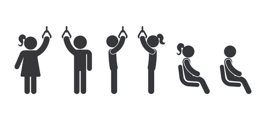 Bundle of pictogram icons showing public transport passengers in bus and train, standing holding handle and sitting on seat positions. © AndiPoe