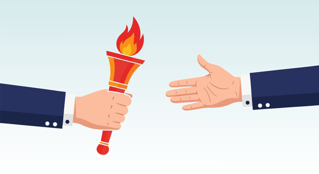 Vector illustration of hands passing a flaming torch, symbolizing teamwork, success, and passing the baton