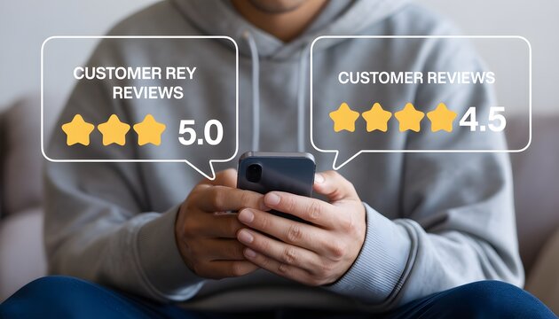 Customer Review: Holding a phone, a person studies customer reviews, with floating digital displays that show star ratings reflecting satisfaction