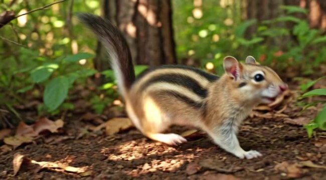 Eastern Chipmunk in its Natural Habitat, Close-Up View of a Wild Rodent with Striped Fur Amidst Forest Floor Foliage