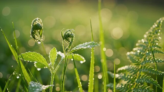 Unfurling Fern Frond Slow-motion video of a young fern frond gently unfurling, with sunlight or ambient light beautifully diffracting around its soft, green contours.