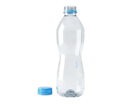 A clear plastic water bottle with a blue cap and a small amount of water inside isolated on transparent background