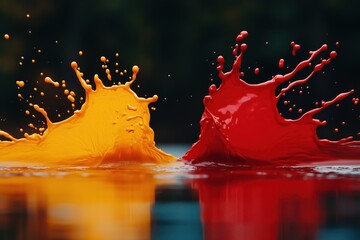 Dual-color paint splash with red and yellow bursts and surface reflection &mdash; ideal for contrast symbolism, creative design and fluid dynamics.