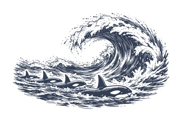 Dramatic vector illustration of a giant ocean wave with a pod of orca whales swimming in the surf in a vintage woodcut engraving style. © Chairul