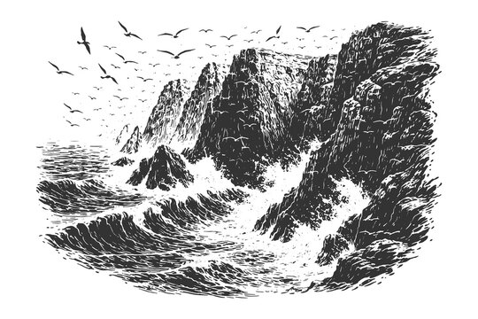 Detailed line art vector illustration of dramatic coastal cliffs and crashing ocean waves with birds flying in a vintage hand drawn engraving style.