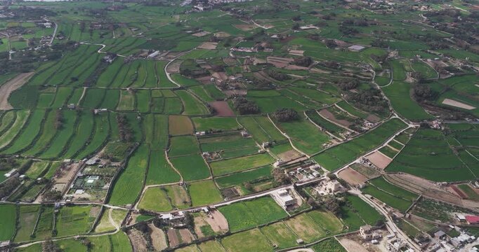 Aerial view of agricultural fields creating a geometric pattern on the landscape, with contrasting green and brown hues, Munxar Path, Marsaskala, Malta.