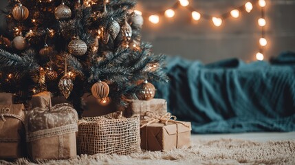 Decorated Christmas Tree with Wrapped Gifts in Cozy Living Room Scene