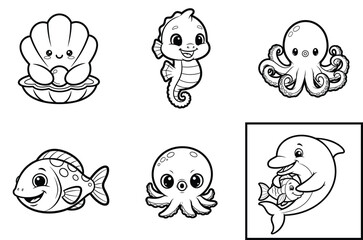 Fototapeta premium Whimsical cartoon sea creatures and underwater animals in playful black and white line art