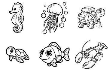 Fototapeta premium Whimsical line drawings of six ocean creatures in a playful underwater scene