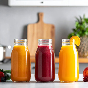 set  jugos saludables en una cocina, con iluminaci&oacute;n de estudio, para mockup de ecommerce