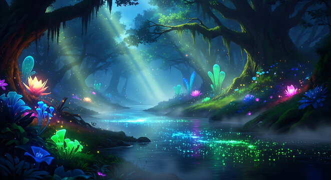 Enchanted fantasy forest river glowing magic flora landscape