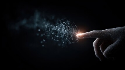Digital Finger Touching Connecting with Data Particles Abstract Technology Concept