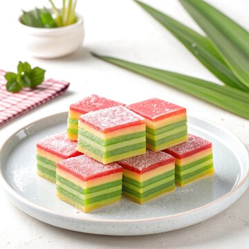 Vibrant layered Kuih Lapis dessert stacked neatly on a white plate, a delightful traditional sweet treat