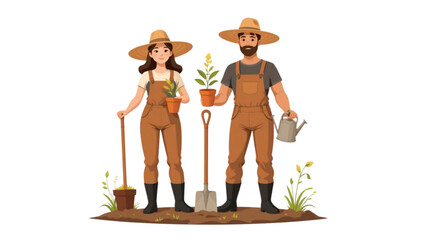 Man and Woman Gardeners in Overalls with Shovels and Plants on Transparent Background PNG for Gardening and Agriculture Services