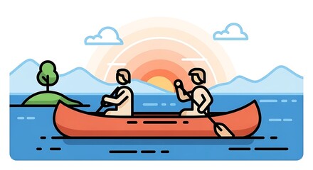 Fototapeta premium Two people paddling a canoe on a lake at sunset with mountains and an island