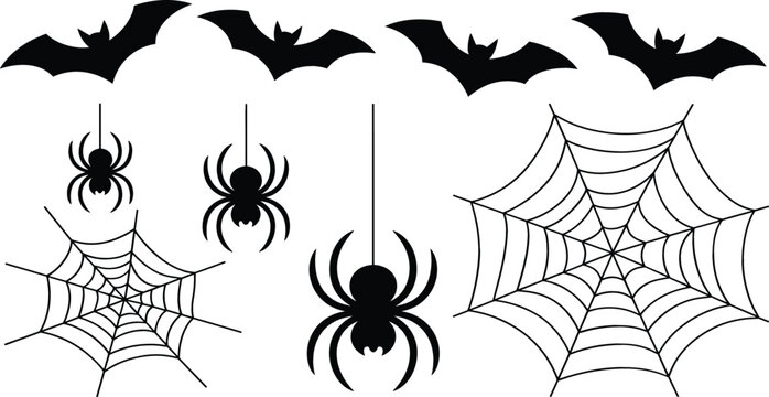 Halloween silhouette vector set featuring black bats spiders and spider webs for spooky holiday decorations and graphic design