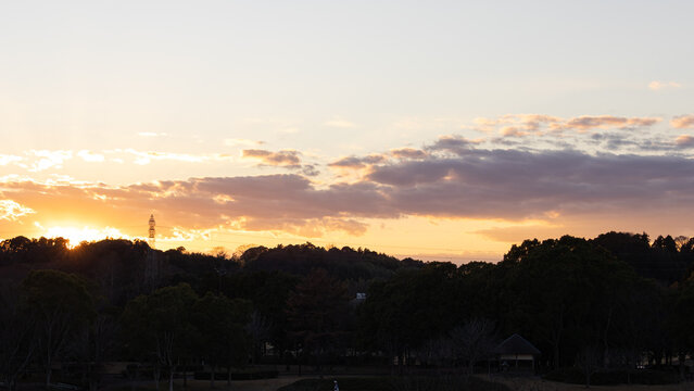 Sunset sky over forest landscape with dramatic clouds