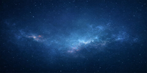 Naklejka premium An abstract fantasy illustration of a deep blue cosmos featuring a bright nebula and distant galaxy dust against a dark night sky filled with glowing stars and outer space light