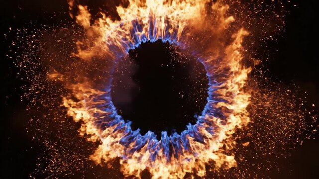 Circular fire and blue flame explosion on black background