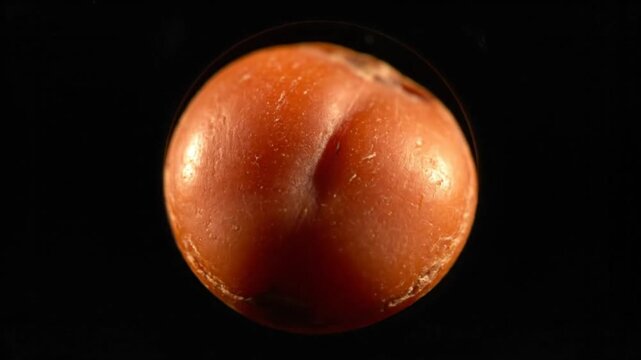 Rotating macro shot of a single brown corn seed with detailed texture, isolated on black background
