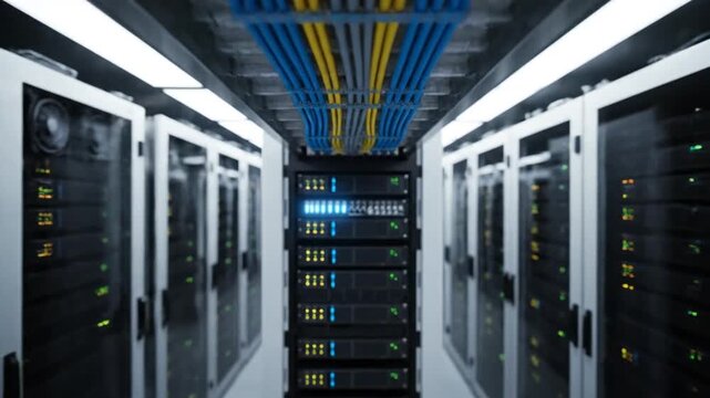 A virtual camera slowly moves through a modern data center aisle lined with blinking server racks. Overhead, organized blue and yellow cables run down the length of the hall, emphasizing connectivity