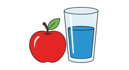 Red Apple with Green Leaf and Glass of Blue Liquid Illustration.