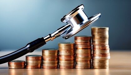 stethoscope on coins representing healthcare costs high quality