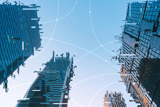 Futuristic low angle city modern office in technology digital city for new era future investment and business ai data innovation