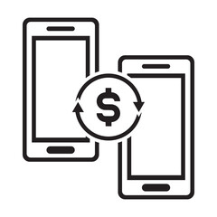 Modern black and white line icon illustrating digital mobile money transfers, electronic currency exchange between smartphones, and secure financial banking transactions.