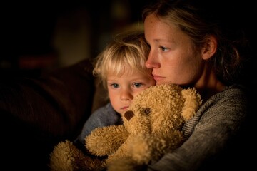 Child holding a worn plush toy while sittingr, sense of safety