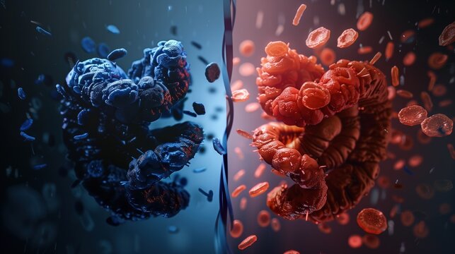 National Colorectal Cancer Awareness Month:medical illustration showing split-screen comparison of healthy versus at-risk colon tissue, microscopic cellular detail, scientific accuracy