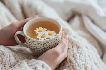 Hands holding warm chamomile tea cup cozy comfort