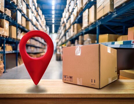 cardboard parcel with a red location pin on a wooden counter in a warehouse a traceable shipping concept communicating transparency customer confidence and reliable last mile service