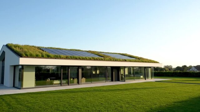 A modern, sustainable eco-house with a green roof, solar panels, and floor-to-ceiling glass walls sits on a vast lawn under a clear sky. The view remains static throughout this extract.