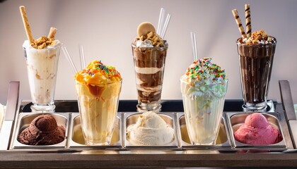 Obraz premium ice cream sundae bar with toppings and sauces