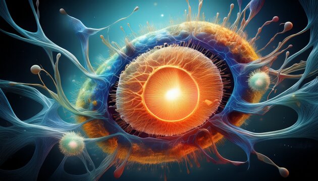 a dynamic cell division concept illustrating biological growth as two emerging structures form within a unified membrane symbolizing replication and the origin of complex life processes