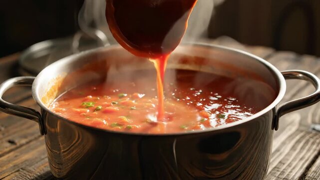 Steaming tomato soup being ladled from a pot onto a rustic wooden table