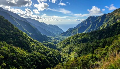Lush Valley Panorama in the Mountains with Sunlight and Cloudscape on a Bright Day for Stock Photography.