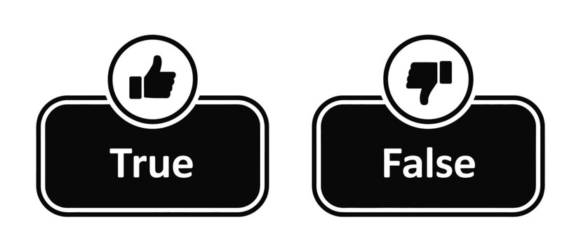 Like and dislike symbols with true and false buttons in black illustrating thumbs up and thumbs down for UI and interface design