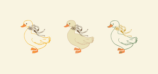 Set of cute trend illustrations of hand drawn goose sketch. Easter theme, duck pattern. For a greeting card, wrapping paper, invitation. Trendy pattern with cute white gooses. Seamless geese pattern © Ju