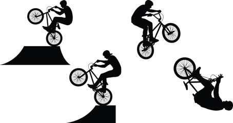 Fototapeta premium BMX Rider Silhouettes Performing Freestyle Tricks and Jumps on Ramp Isolated on White Background for Extreme Sport and Action Design