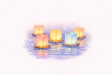 Glowing Floating Lanterns on Water at Night, Magical Festival Light Reflection Illustration