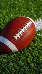 Obraz premium American Football Close Up on Field Sports Equipment for Game Day Action Playoff Season Team Spirit.