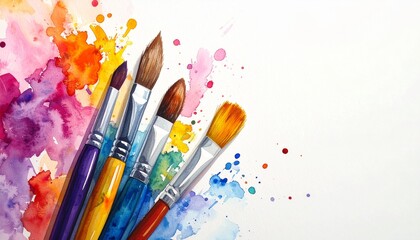 Fototapeta premium Paintbrushes with vibrant watercolor splatters and strokes.