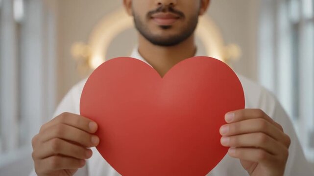 Man holding red heart in bright white hallway