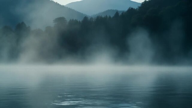 Misty lake with mist rising from the water, surrounded by forest and mountains in the background